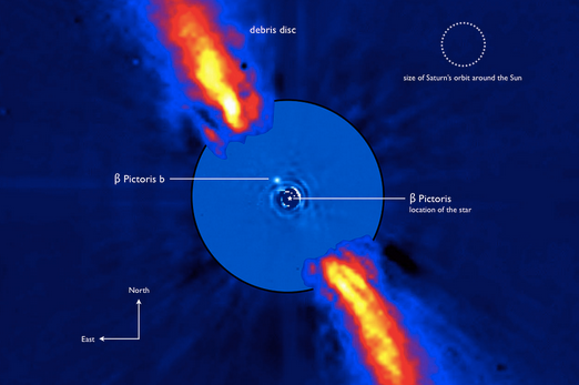 This composite image represents the close environment of Beta Pictoris as seen in near infrared light. This very faint environment is revealed after a very careful subtraction of the much brighter stellar halo. The outer part of the image shows the reflected light on the dust disc, as observed in 1996 with the ADONIS instrument on ESO's 3.6 m telescope; the inner part is the innermost part of the system, as seen at 3.6 microns with NACO on the Very Large Telescope. The newly detected source is more than 1000 times fainter than Beta Pictoris, aligned with the disc, at a projected distance of 8 times the Earth-Sun distance. Both parts of the image were obtained on ESO telescopes equipped with adaptive optics