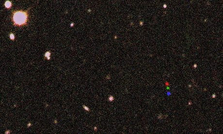 The newly discovery dwarf planet shows up as red-green-blue coloured dots. Three images, each taken about two hours apart, were combined into one. The orbit of this world may be hinting that a planet far larger than Earth also lurks in the outer solar system Photograph: Scott S Sheppard/Carnegie Institution for Science