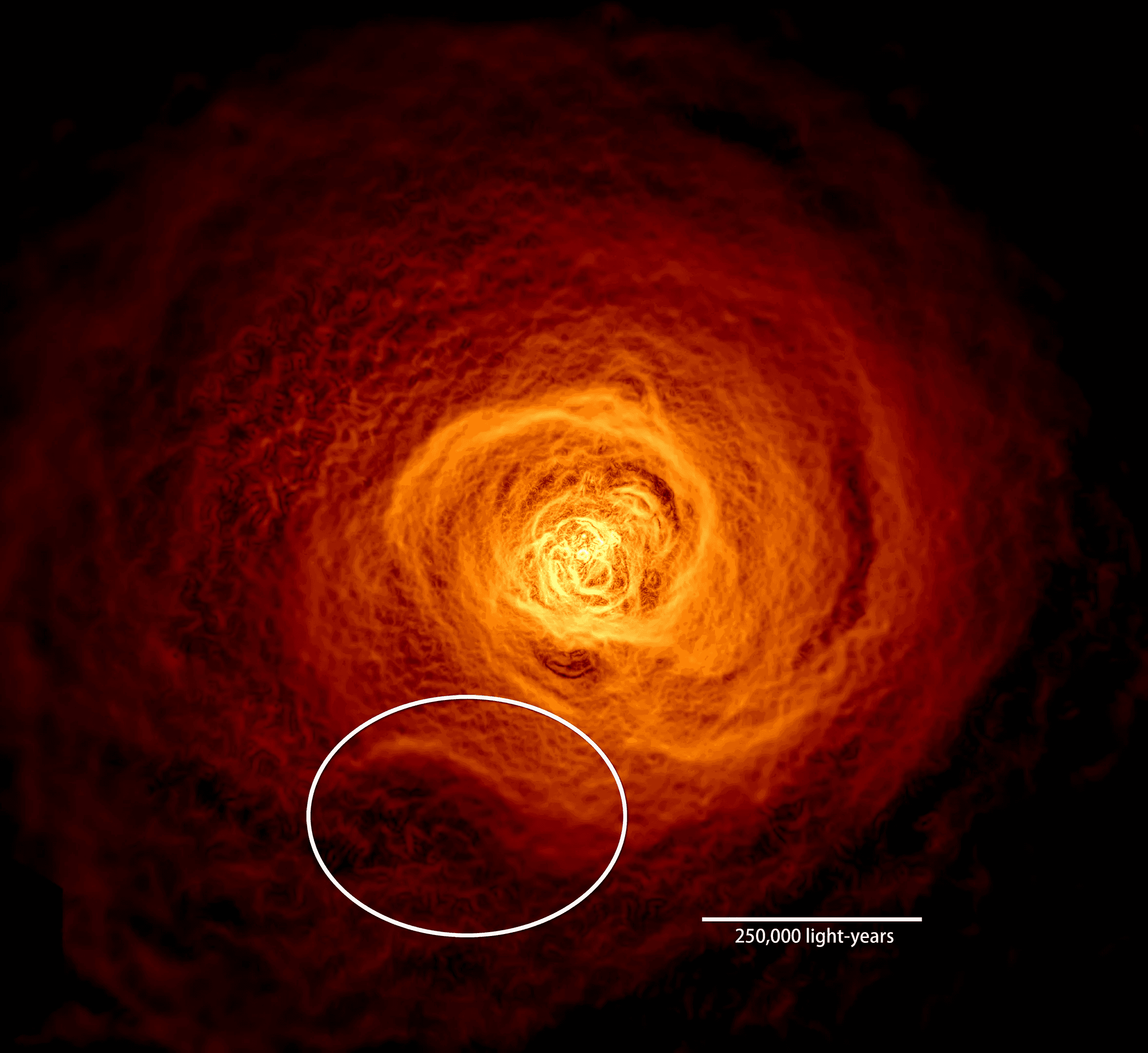 waves of gas are all wrapped around a central bright structure like a spiral